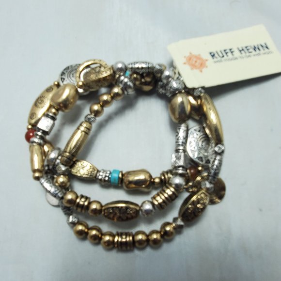 Ruff hewn 3pc boho stretch charm  bracelet gold , silver. aqua - Picture 3 of 6
